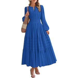 Women Blue Long Sleeve V Neck Elastic Waist Lightweight Maxi Dress Pockets
